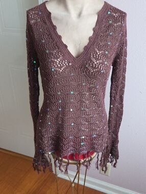 Moda International Brown Crochet V-Neck Sequin Fringe Sweater